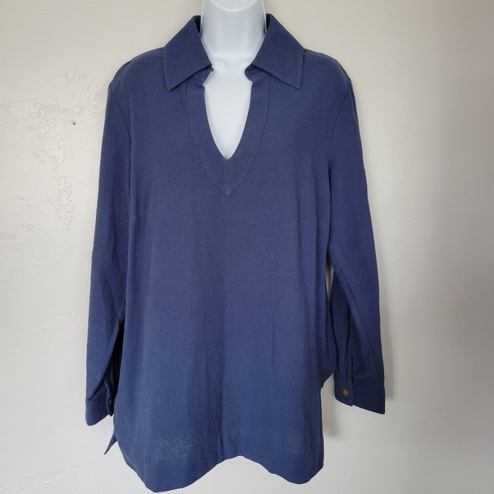 Soft Surroundings Women's Medium Blue Long Sleeve Blouse V-neck Collared Tunic